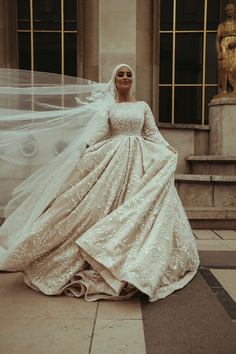 Robe princesse ornée de dentelle perlée avec très longue traîne couleur beige 