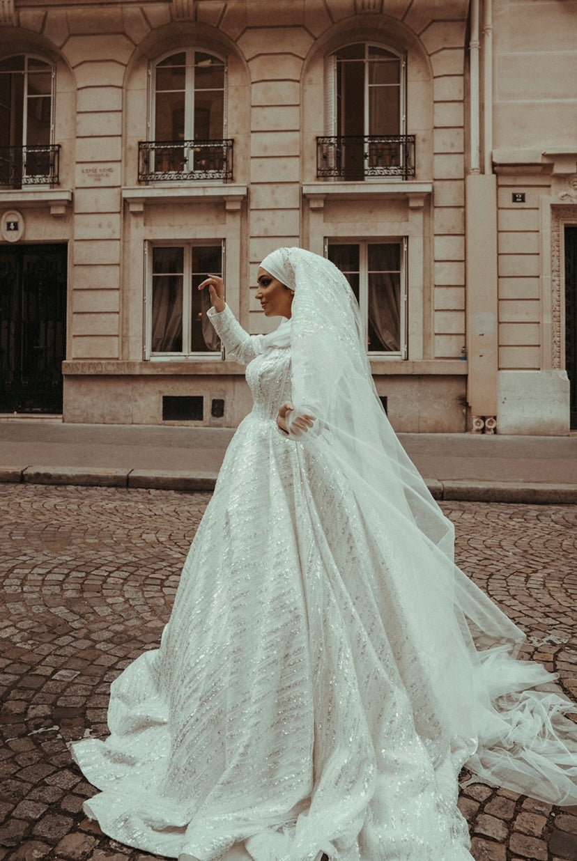 Robe princesse ornée de dentelle sequin avec très longue traîne 