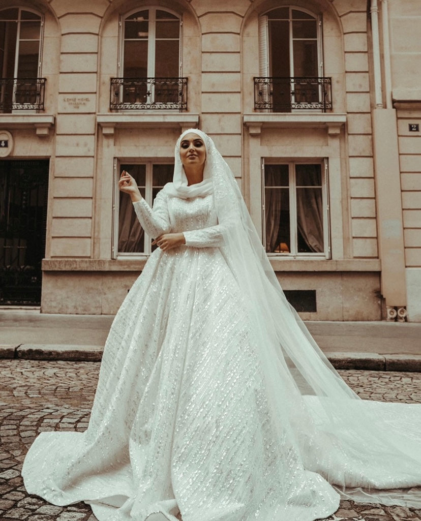 Robe princesse ornée de dentelle sequin avec très longue traîne 